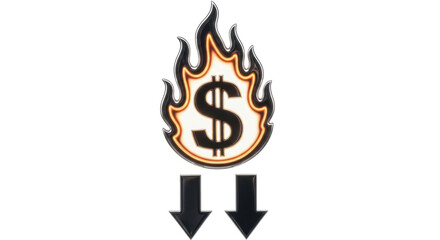 Isolated Burning dollar sign with two arrows, downward economy decline, debt reduction, bad investment