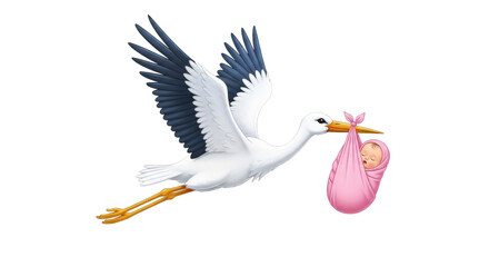 Isolated Flying stork with a pink bundle baby in its beak, child delivery sign, new arrival