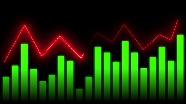Neon red line graph overlaying vibrant green bar chart on black background data finance - Powered by Adobe