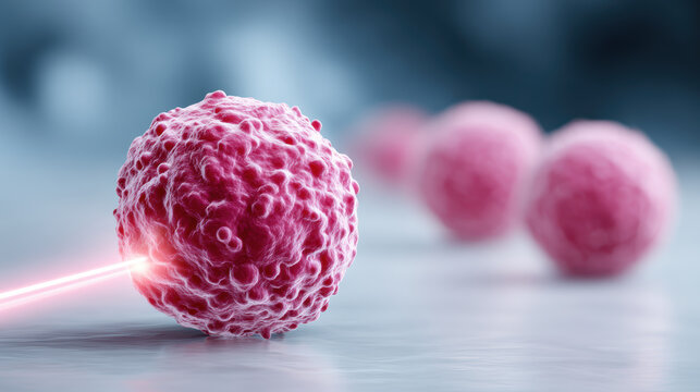 Medical illustration of prostate cancer treatment. laser targets malignant cell for destruction showing hopeful scientific approach to oncology and fighting disease