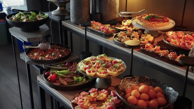 A luxurious buffet spread featuring an elegant selection of gourmet appetizers and finger foods, beautifully arranged on stylish platters for an upscale event or celebration.