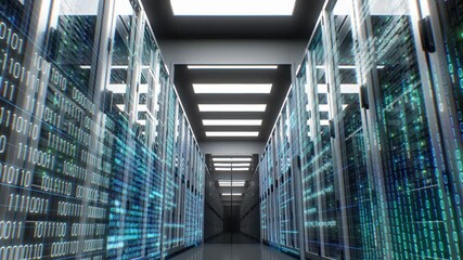 Server Room in Modern Data Center with Abstract Metadata Seamless Illustration. Cloud Computing Data Storage. Moving Through the Working Rack Servers Complex Calculations Looped 3d animation 4k. - Powered by Adobe