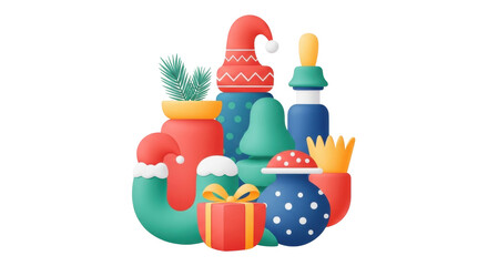 Isolated decorative Christmas ornaments, toys, and gifts for festive winter holiday season