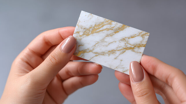 Woman hand holding blank real estate business card with white and gold marble texture. This professional mockup offers clean template for corporate identity and design - Powered by Adobe