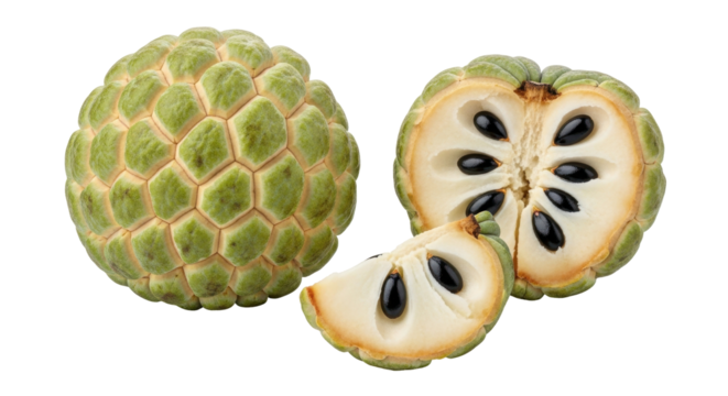 Isolated sugar apple fruit composition, showing whole fruit, cross section and quartered slice