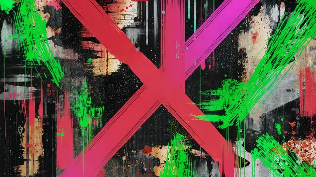 Appearing red stroke dripping at dark canvas, intersecting green stroke and shifting pinkish orange