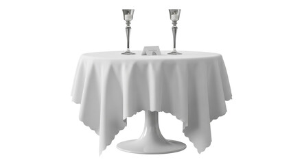 Isolated round table with white tablecloth, candlesticks and name card for wedding, event