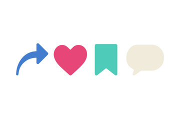 Modern social media interaction icons with share, like, save, and comment symbols for digital platforms