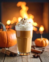 Cozy Autumn Pumpkin Spice Latte on Rustic Countertop – Warm Fall Coffee Drink Photography