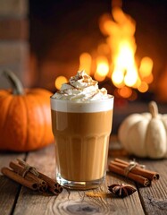 Cozy Autumn Pumpkin Spice Latte on Rustic Countertop – Warm Fall Coffee Drink Photography