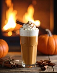 Cozy Autumn Pumpkin Spice Latte on Rustic Countertop – Warm Fall Coffee Drink Photography