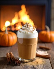 Cozy Autumn Pumpkin Spice Latte on Rustic Countertop – Warm Fall Coffee Drink Photography