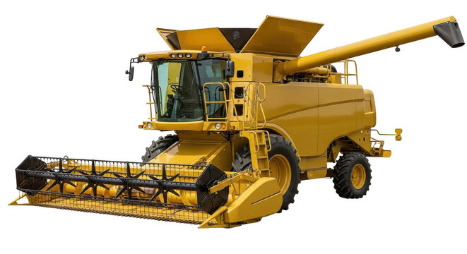 Isolated yellow combine harvester, farm equipment for grain harvesting and agriculture