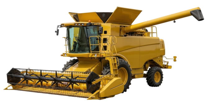 Isolated yellow combine harvester, farm equipment for grain harvesting and agriculture