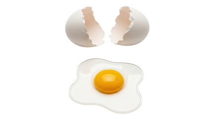 Isolated fried egg next to cracked eggshell, symbol for breakfast ingredient preparation food