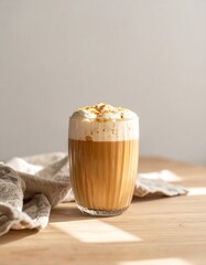 Cozy Autumn Pumpkin Spice Latte on Rustic Countertop – Warm Fall Coffee Drink Photography