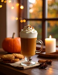 Cozy Autumn Pumpkin Spice Latte on Rustic Countertop – Warm Fall Coffee Drink Photography