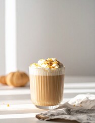 Cozy Autumn Pumpkin Spice Latte on Rustic Countertop – Warm Fall Coffee Drink Photography