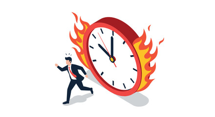 A frantic businessman races against a giant clock on fire symbolizing extreme time pressure.