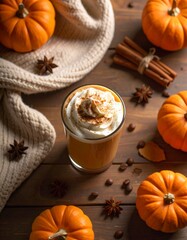 Cozy Autumn Pumpkin Spice Latte on Rustic Countertop – Warm Fall Coffee Drink Photography