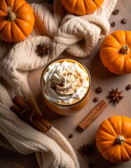 Cozy Autumn Pumpkin Spice Latte on Rustic Countertop – Warm Fall Coffee Drink Photography