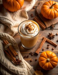 Cozy Autumn Pumpkin Spice Latte on Rustic Countertop – Warm Fall Coffee Drink Photography