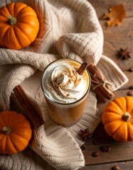 Cozy Autumn Pumpkin Spice Latte on Rustic Countertop – Warm Fall Coffee Drink Photography