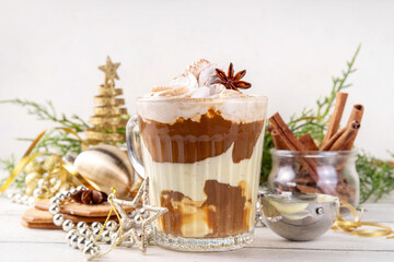 Bourbon Eggnog Affogato Cocktail with Eggnog taste ice cream, whipped cream and traditional Christmas spices, copy space