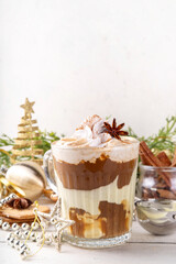 Bourbon Eggnog Affogato Cocktail with Eggnog taste ice cream, whipped cream and traditional Christmas spices, copy space
