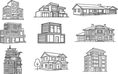 High-quality black line vector icons of modern and classic buildings, minimal design with clear architectural outlines, perfect for UI/UX, web, and branding use