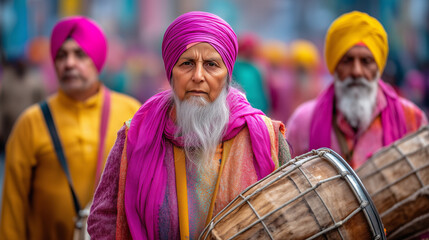 Fototapeta premium Elderly Sikh man in vibrant pink turban playing traditional dhol drum during Guru Nanak Jayanti festival street procession
