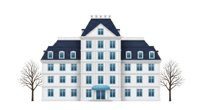 Isolated hotel exterior vector graphic, classic architecture facade with ornate details
