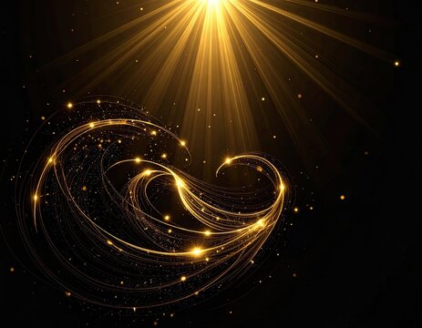 Golden light rays and swirling lines on black background - Powered by Adobe