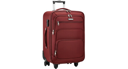 Isolated red suitcase, luggage rolling upright with handle, travel, vacation & business trips