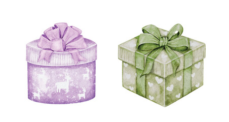 Watercolor Holiday Gift Boxes with Ribbons