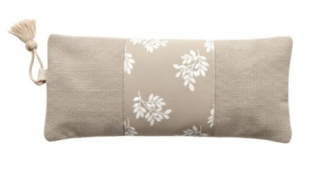 Isolated scented pouch, natural beige fabric, handmade aroma sachet with leaves pattern