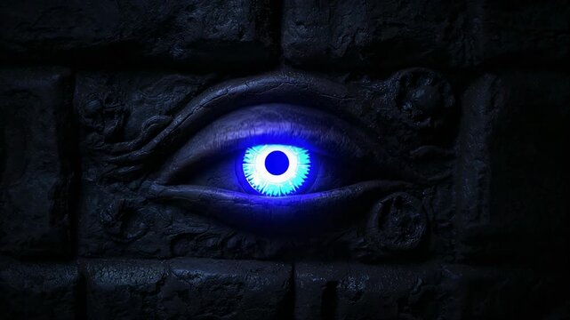 At start opening eyelids sculpted stone eye in dark brick crypt wall, revealing glowing blue iris