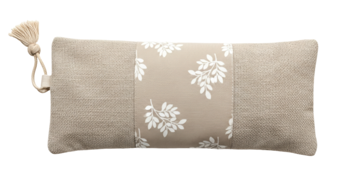 Isolated scented pouch, natural beige fabric, handmade aroma sachet with leaves pattern