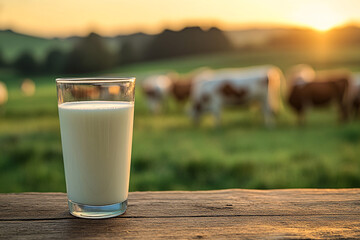 Dairy products. Bottles of milk, cottage cheese, yogurt, various cheese, mozzarella, butter on wooden table on meadow with grazing cows background	