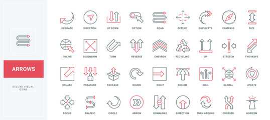 Arrow line icons set. Up and down flow of progress, turn movement, direction to right and traffic sign, software update and upgrade options thin black and red outline symbols vector illustration