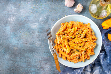 Creamy Pumpkin Pasta. Cozy autumn recipe of casarecce pasta in rich flavorful pumpkin squash cheesy...