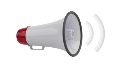 Isolated loudspeaker transmitting sound wave, red megaphone with grey outline, amplification