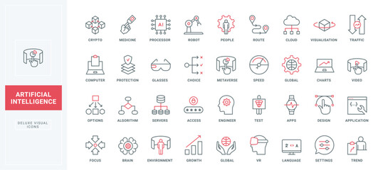 AI, digital brain language and settings line icons set. Crypto technology and data protection, robot and focus on trends, graphic design thin black and red outline symbols vector illustration
