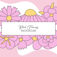 Cute flowers square postcard. Floral card with pink waves and white back for text. Pink delicate feminine background with flowers frame for printing. Greeting card design. Flat style hand draw flowers