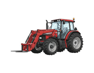 Obraz premium Vector illustration of a powerful red farm tractor with a front loader attachment. Agricultural machinery equipment graphic isolated on white for design