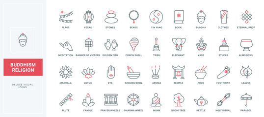 Buddhism line icons set. Prayer and yoga meditation of monk Buddhist, dharma wheel and umbrella, stone temple with bell and stupa thin black and red outline religious symbols, vector illustration