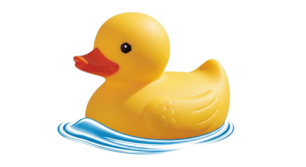 Isolated yellow rubber duck floats in blue water for pool or bath, fun and play toy