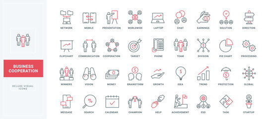Business cooperation, teamwork and partnership line icons set. Team strategy and startup solution, success direction to trends, work progress thin black and red outline symbols, vector illustration