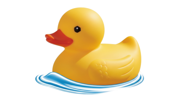 Isolated yellow rubber duck floats in blue water for pool or bath, fun and play toy