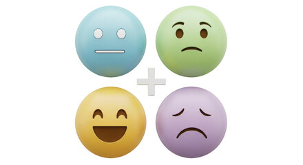 Isolated rendering of emoji character faces with expressions showing various emotion types